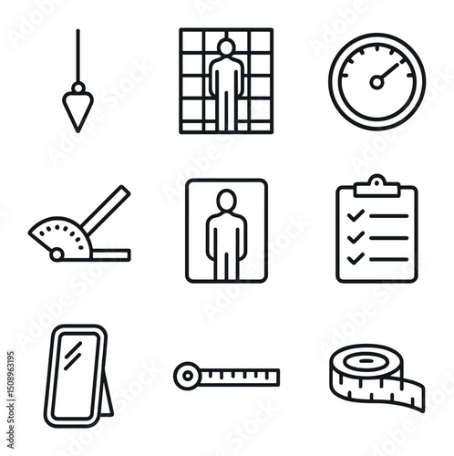 Posture Tools Icons. Outline icon set of posture assessment tools: plumb line, posture grid, inclinometer, goniometer, posture