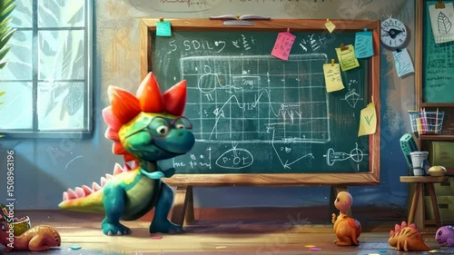 A dinosaur teacher explains to young dinos using a chalkboard in a fun classroom scene.