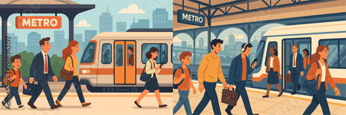 A vibrant urban illustration featuring passengers commuting at a metro station. The scene captures diverse individuals walking towards trains, showcasing daily urban life and connectivity.