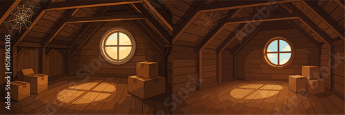 A vector illustration showcasing an attic space before and after renovation. The first half features cobwebs and boxes in muted tones, while the second half displays a bright, clean atmosphe...