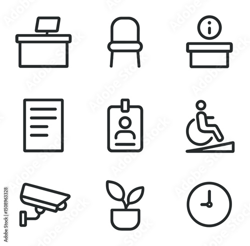 Maternity Reception Icons. Outline icon set of maternity hospital reception area: reception desk, waiting chair, information