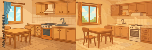 A charming illustration of two cozy kitchen interiors featuring wooden cabinetry, a table with chairs, and ample natural light from windows. Perfect for home decor inspiration!