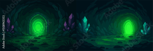 Explore this magical cavern featuring glowing green portals, shimmering crystals, and a tranquil water surface. Perfect for fantasy themes and adventure narratives.