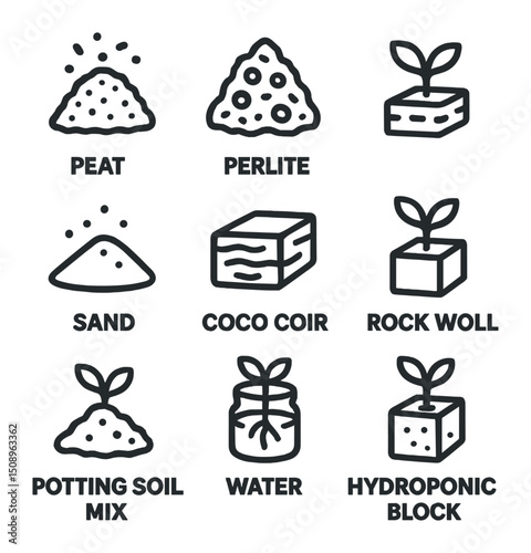 Rooting Medium Icons. Outline icon set of rooting mediums: peat moss, perlite, vermiculite, sand, coco coir, rock wool cube,
