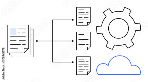Stack of documents connected to individual files, gear representing automation, and cloud graphic. Ideal for data organization, workflow, cloud storage, automation, digital transformation