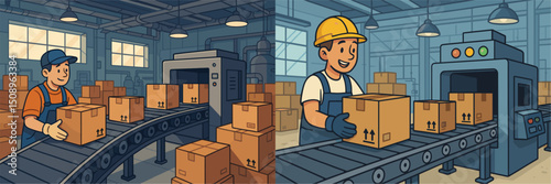 This vector image depicts two warehouse workers handling packages on a conveyor belt in a busy packaging facility. Ideal for concepts related to logistics and teamwork.