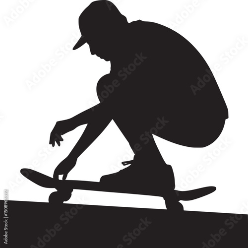 Silhouette of a skateboarder in a crouching position with a cap on a skateboard on a white background