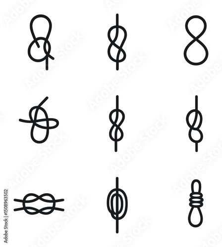 Rope Knot Icon Set. Outline icon set of rope knots: bowline knot, clove hitch, figure-eight knot, sheet bend, rolling hitch, half