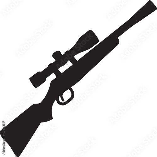 Silhouette of a Bolt-Action Rifle with Mounted Scope and Wooden Stock in Solid Black on White Background Highlighting Streamlined Hunting Weapon Design