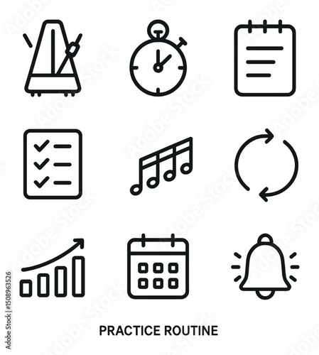 Practice Routine Icons. Outline icon set of practice routine: metronome ticking, stopwatch, practice log, goal checklist, warm-up
