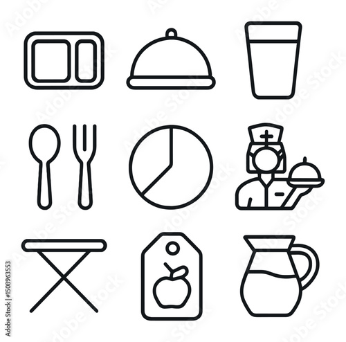 Meal Delivery Icons. Outline icon set of meal delivery service: food tray, meal cover, juice glass, spoon and fork, dietary chart,