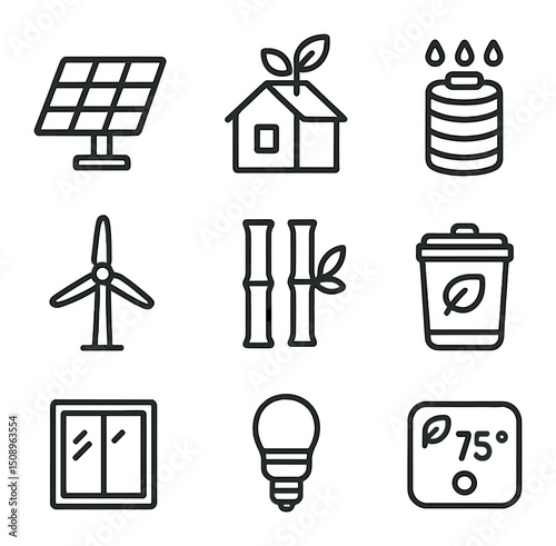 Sustainable Home Icons. Outline icon set of healthy river system monitoring: sediment trap, flow