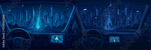 A captivating vector illustration showcasing a nighttime cityscape viewed from the interior of a car. The scene features a digital navigation display highlighting the urban skyline, with vib...