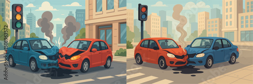 A colorful illustration depicting a traffic accident featuring a blue and red car collided at an urban intersection. Smoke billows from the damaged vehicles, with a backdrop of city building...