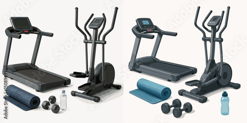 A visually appealing vector illustration showcasing various fitness equipment, including a treadmill, an elliptical machine, dumbbells, a water bottle, and yoga mats, perfect for fitness the...