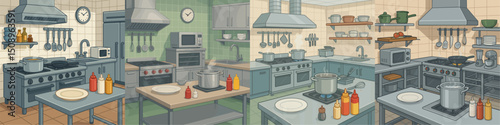A detailed vector illustration depicting a modern commercial kitchen setup. Features cooking ranges, pots, utensils, and condiments, showcasing a bustling culinary environment.