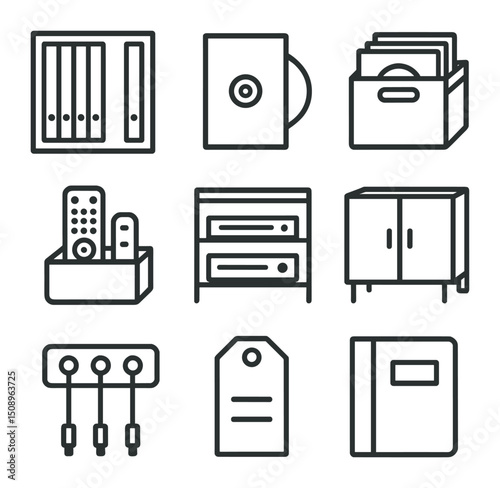 Media Storage Icons. Outline icon set of media storage and organization: Blu-ray shelf, DVD case, vinyl crate, remote caddy,