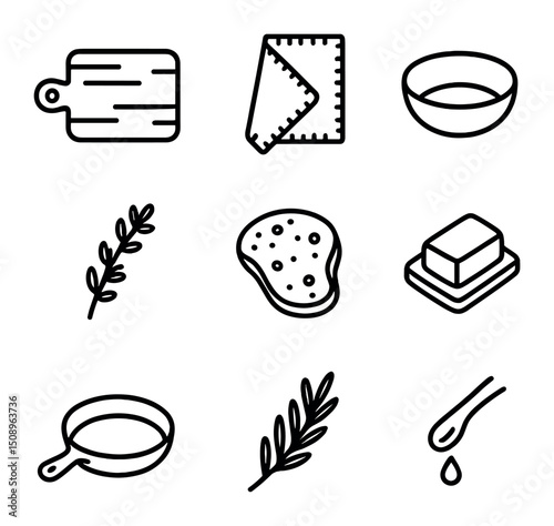 Rustic Farmhouse Icon Set. Outline icon set of rustic farmhouse plating: wooden board, burlap napkin, ceramic bowl, sprig of thyme