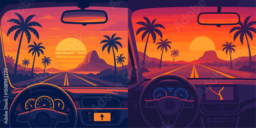 A vibrant illustration depicting two views from a car's interior during sunset. The landscape features palm trees, mountains, and a picturesque sky filled with warm colors, creating a serene...