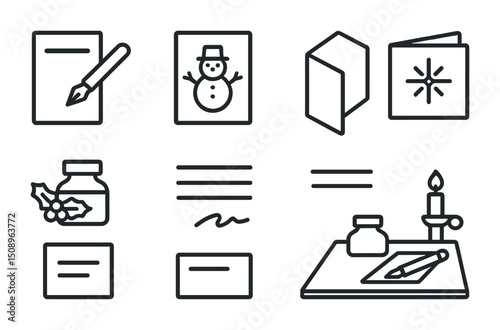 Holiday card design concepts featuring festive icons and stationery elements