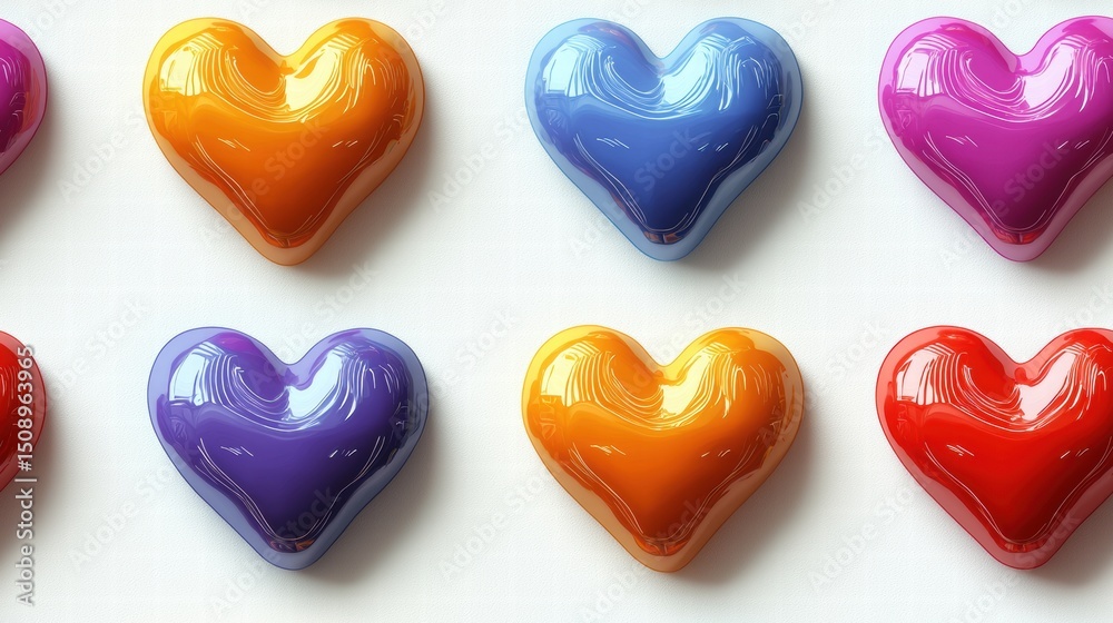 Fototapeta premium Group of Hearts in Various Colors on White Background with Retro Pop Art Design
