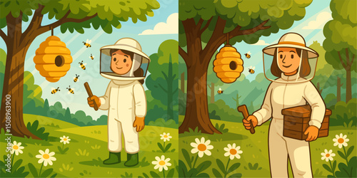A joyful beekeeper tending to a beehive in a vibrant natural setting, surrounded by flowers and trees. Ideal for honey production and ecology-themed projects.