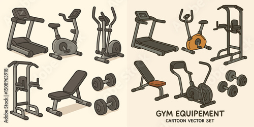 A colorful cartoon vector illustration showcasing an array of gym equipment including treadmills, ellipticals, and free weights. Perfect for fitness and wellness themes.