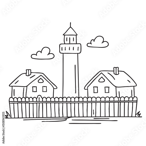 A tower rising behind a wooden fence in a village