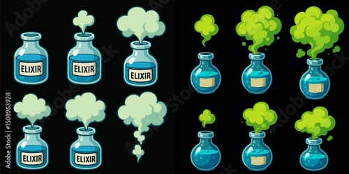 Explore this vibrant collection of elixir potion bottles featuring dynamic smoke and bubble effects. Ideal for fantasy themes and creative projects.