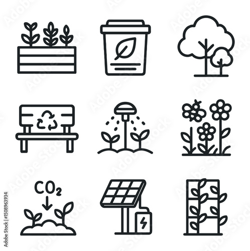Sustainable Urban Icons. Outline icon set of sustainable urban green spaces: community garden,