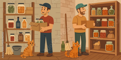 A cozy illustration of two men organizing a pantry filled with jars and canned goods, accompanied by an adorable cat. Ideal for food storage and homely themes.