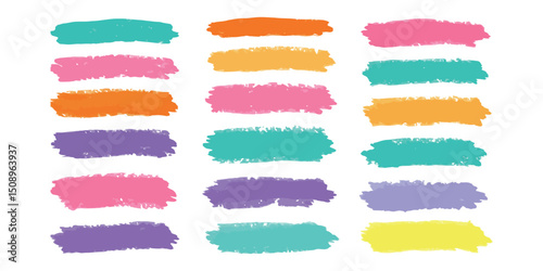 "Bright Colorful Paint Brush Stroke Set – Flat Vector Texture Swatches in Vibrant Colors"