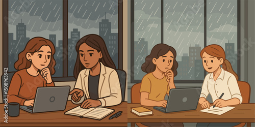 Two diverse women engaged in a focused discussion while working on their laptops. The rainy city backdrop creates a cozy yet productive atmosphere, showcasing teamwork and collaboration.