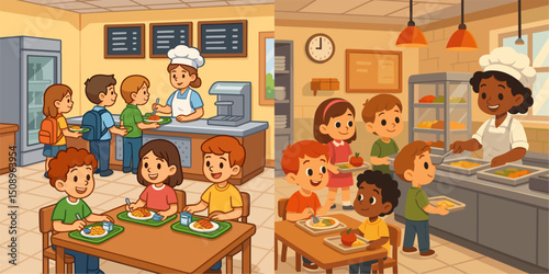 A vibrant illustration featuring children happily having lunch in a school cafeteria. The scene includes friendly cafeteria staff serving meals. Ideal for educational themes.