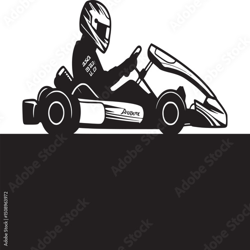 Illustration of a go kart racer wearing a helmet and racing suit on a black and white background
