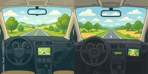 Illustration of a car's dashboard viewed from the inside, showcasing a scenic road and GPS navigation. Lush landscapes enhance the travel experience.