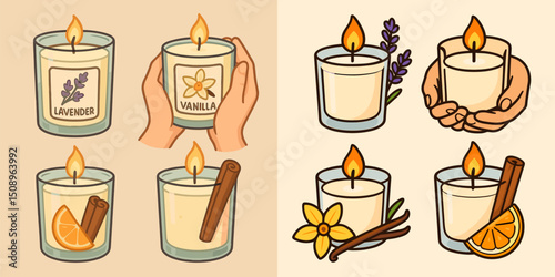 Colorful illustrations of scented candles in different scents, featuring lavender, vanilla, and orange. Perfect for home decor or aromatherapy themes.