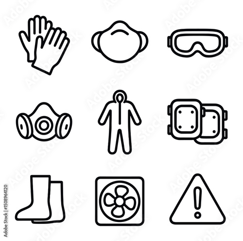 Safety Gear Icons. Outline icon set of safety and protection gear: nitrile gloves, dust mask, safety goggles, respirator,