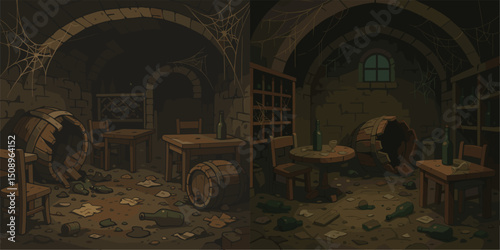 A dark, atmospheric illustration of an abandoned tavern interior featuring scattered debris, cobwebs, and overturned furniture. Perfect for fantasy or horror themes.