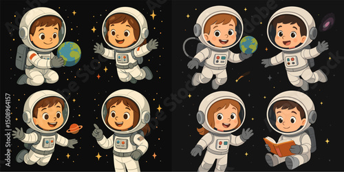 Adorable illustrations of young astronauts in space, showcasing friendship and curiosity. Kids are depicted with planets, Earth, and books, inspiring imagination and discovery.