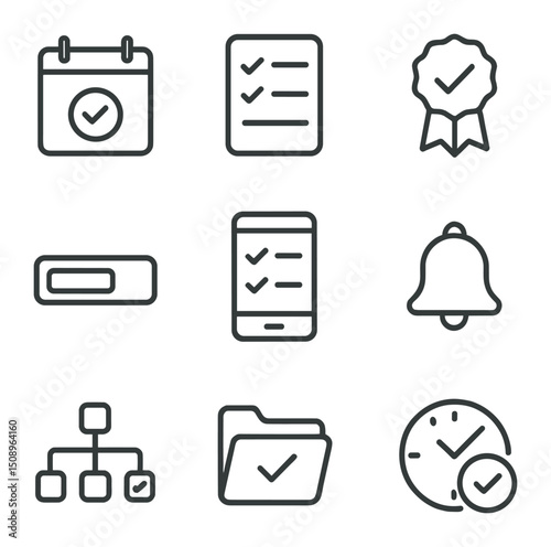 Task Management Icons. Outline icon set of checking task management software: calendar check, to-do