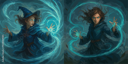 A captivating illustration of a sorceress in a blue robe and hat, conjuring magical energy with her hands. The mystical light swirls around her, creating an enchanting atmosphere.