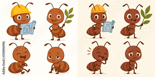 This vector image features adorable cartoon ants displaying different emotions, such as happiness, sadness, and curiosity. Ideal for children's educational materials or playful designs.
