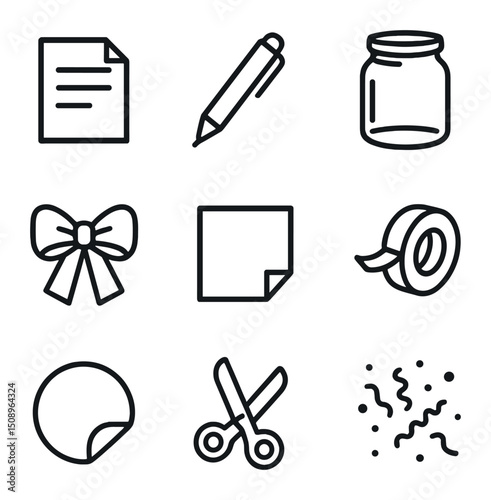 Memory Jar Icons. Outline icon set of filling the memory jar: paper slip, pen, mason jar, ribbon bow, sticky note, adhesive tape,