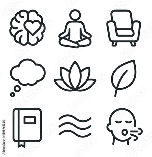 Mental Health Icons. Outline icon set of mental health compassion: brain with heart, mindfulness pose, therapy chair, thought