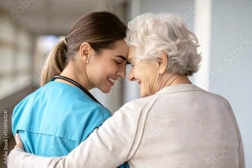 Senior woman with nurse hugging on light background, back view
