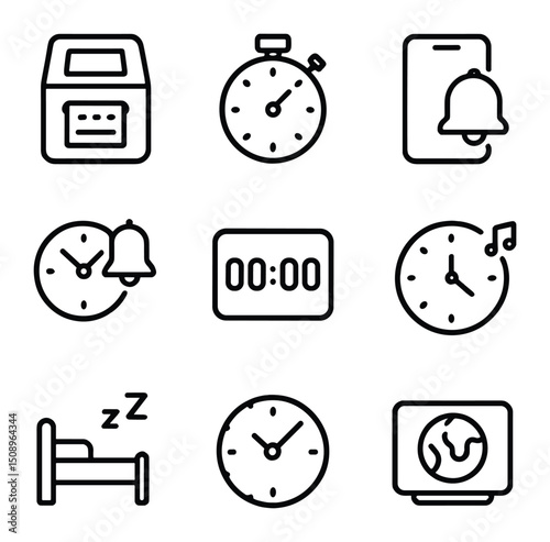 Time Management Icons. Outline icon set of time tracking and reminders: digital punch clock,