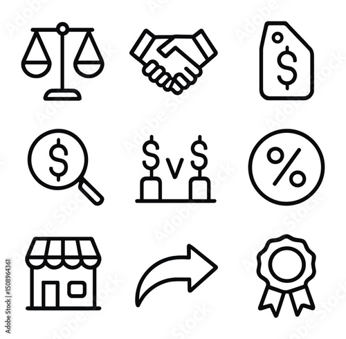 Price Match Icons. Outline icon set of price match guarantees: balanced scale, handshake, price tag, magnifying glass, comparison