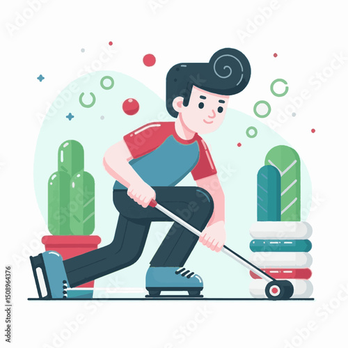 Cartoon man in red and blue sweeping on skates beside plants