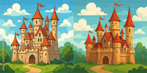 This vibrant vector illustration features two whimsical castles with tall turrets, red flags, and lush green surroundings. Ideal for children's themes and fantasy-related projects.